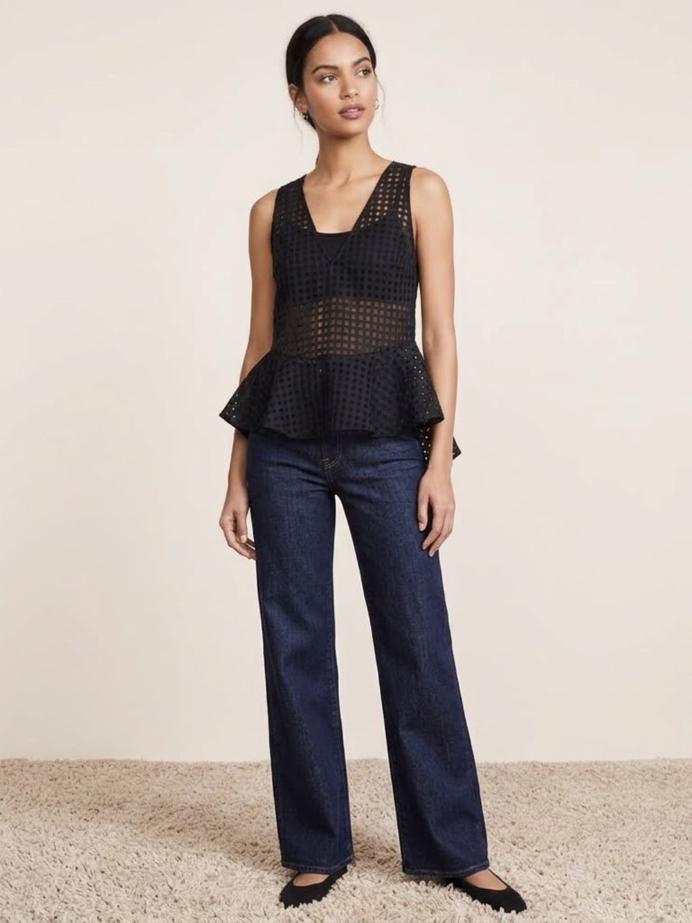 Elizabeth and James Black Sheer Check Peplum Blouse - Sz: XS